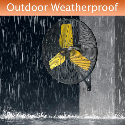 Beefed-Up Industrial 24-Inch Oscillating Wall Fan With 8900 CFM High Velocity, mounted outdoors, weatherproof design with rain.