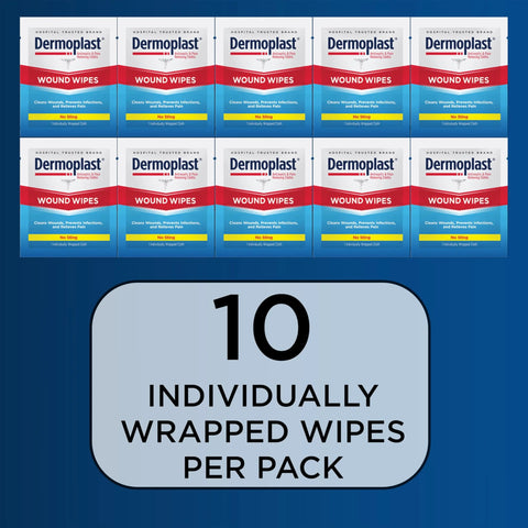 Dermoplast Wound Wipes boxes (15 shown) in blue/red design; 10 individually wrapped antiseptic wipes per pack.