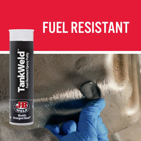 TankWeld fuel-resistant epoxy putty tube by JB Weld; dark grey, 1 oz, for gas tank repair.