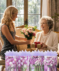 4 Pack 9 Inch Small Gift Bags With Handles, Floral Purple Tulip Design, Tissue Paper Included, Grandma receiving gifts