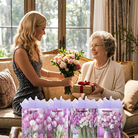 4 Pack 9 Inch Small Gift Bags With Handles, Floral Purple Tulip Design, Tissue Paper Included, Grandma receiving gifts