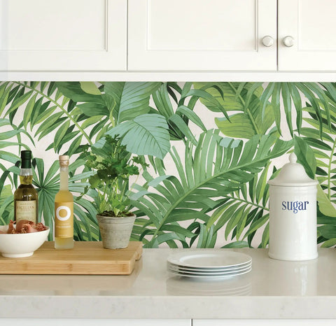 Maui Peel And Stick Wallpaper With Green Tropical Leaf Pattern Removable Contact Paper For Walls in a kitchen setting