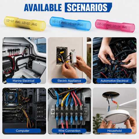 Blue Heat Shrink Butt Connectors 100 Pack 16 Thru 14 Awg Beefy Copper Crimp Wire Splices used in various wiring applications.