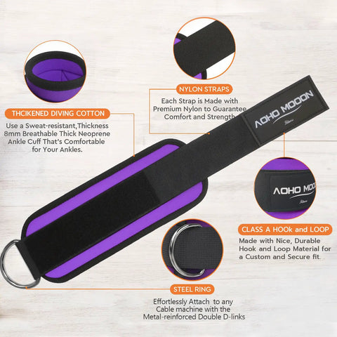Premium Neoprene Ankle Strap For Cable Machines Women Workout Leg Strap With Cushioned Padding And Sturdy D Ring shown close up.