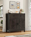 Dark brown coffee bar cabinet with drawer and two door cabinet, modern farmhouse style in dining room or entryway.