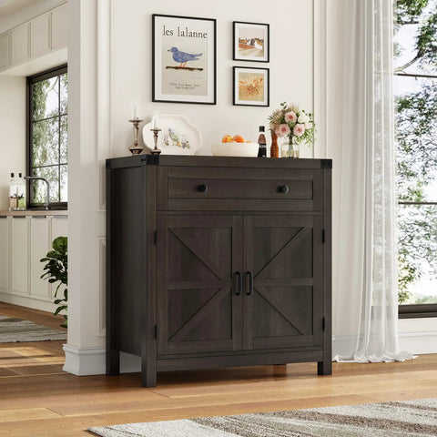 Dark brown coffee bar cabinet with drawer and two door cabinet, modern farmhouse style in dining room or entryway.