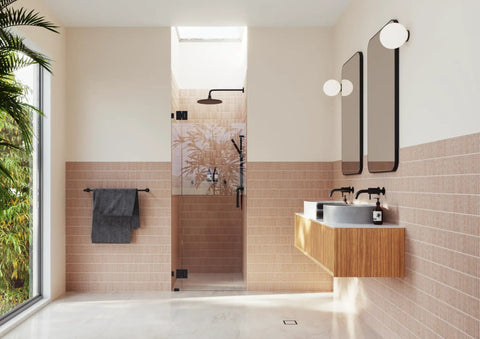 Frameless Shower Door Hinge With Enduroshield Glass Coating In Polished Brass For A 78 Inch Wide Shower Enclosure, 34.75 Inch High Glass Door Hardware, Built To Last With A Smooth Boss-Level Operation. Glass shower door with polished brass hinges in modern bathroom.
