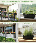 Railing Planter Box Kit 4 Pack With Adjustable Brackets 17 Inch Hanging Planters for Outdoor Plants in various locations.