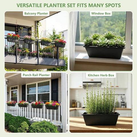 Railing Planter Box Kit 4 Pack With Adjustable Brackets 17 Inch Hanging Planters for Outdoor Plants in various locations.