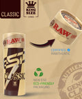 Classic King Size Pre Rolled Cones 100 Pack with eco-friendly packaging and RAW branding shown in close-up.