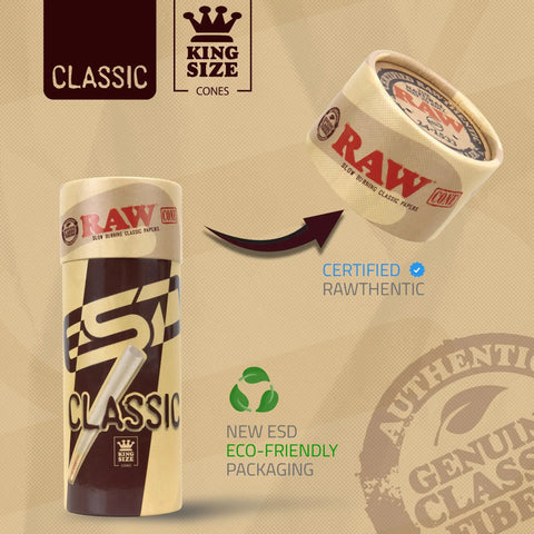 Classic King Size Pre Rolled Cones 100 Pack with eco-friendly packaging and RAW branding shown in close-up.