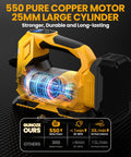550 pure copper motor of cordless tire inflator air compressor for cars and bikes on the go with 150 PSI, dual power battery