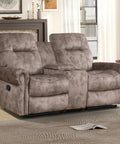 Dual Manual Recliner Loveseat Sofa With Center Console And Hidden Storage, Cup Holders, Vintage Rivet Mid Century Design, 2 Seater Couch For Living Room Or Meeting Space, Cozy Brown Finish