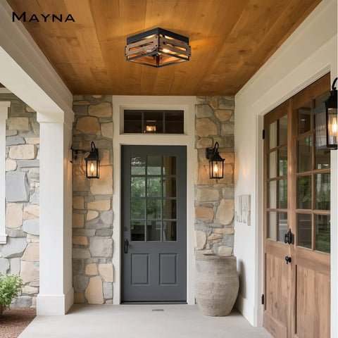 Farmhouse Two Light Ceiling Light Fixture Rustic Flush Mount With Wood And Metal in an entryway with stone walls and wooden door.