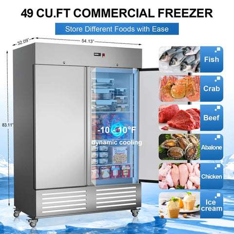 54 Inch Wide Two Door Commercial Freezer Featuring 49 Cubic Feet Of Sleek Stainless Steel Build And Automated Digital Thermostat Control Engineered As A Heavy Duty Kitchen Rig For Bars And Restaurants with dynamic cooling