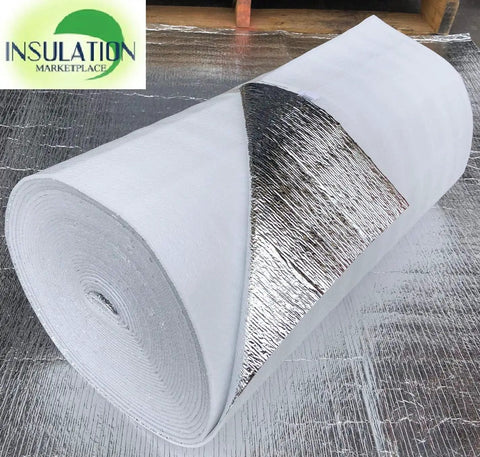 Heavy Duty Three Millimeter Foam Core Radiant Barrier Roll showcasing white vinyl and reflective surface for insulation needs.