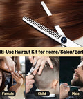 Two Pair Hair Cutting Scissors Set With Straight And Textured Blades Pro Grade Stainless Steel Hairdressing Shears For Home Haircuts Thinning Shears Included Sharp Blades For Women Men And Kids Salon Quality, showing the scissors in use on different hair types.