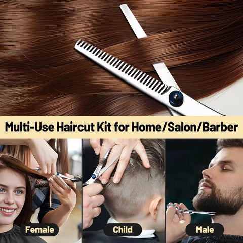 Two Pair Hair Cutting Scissors Set With Straight And Textured Blades Pro Grade Stainless Steel Hairdressing Shears For Home Haircuts Thinning Shears Included Sharp Blades For Women Men And Kids Salon Quality, showing the scissors in use on different hair types.