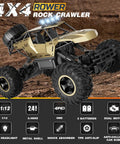 Rugged 1:12 Scale RC Monster Truck with Durable Metal Body, LED Headlights on rocky terrain showcasing all-terrain capabilities.