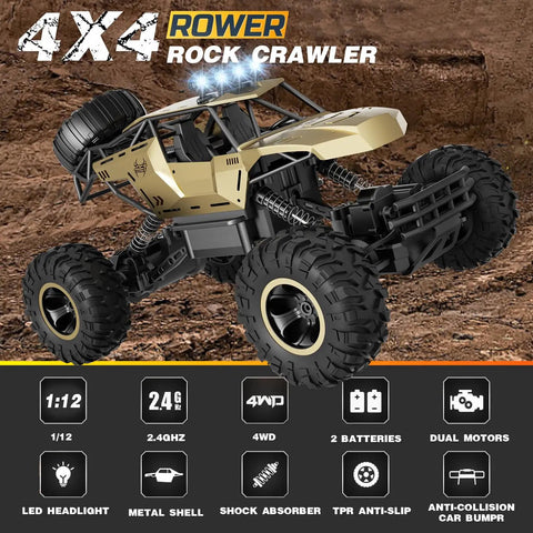 Rugged 1:12 Scale RC Monster Truck with Durable Metal Body, LED Headlights on rocky terrain showcasing all-terrain capabilities.