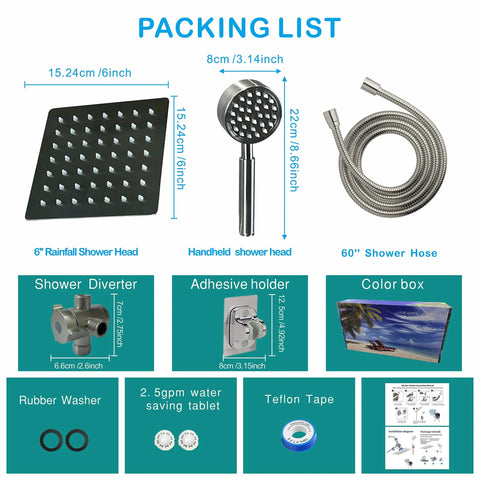 Packing list for 6 Inch High Pressure Rainfall Shower Head With Handheld, Stainless Steel Square Chrome Shower Head And Hose.