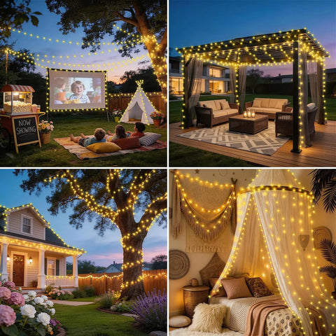 1000 LED Christmas String Lights Outdoor 403 Ft With 8 Lighting Modes IP44 Waterproof Fairy Lights decorating various outdoor settings