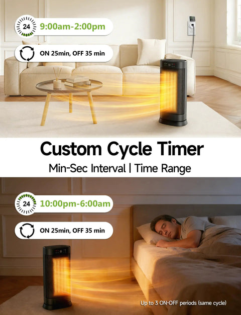 Living room and bedroom views with heater using Digital Infinite Repeat Cycle Intermittent Timer Plug for customized heating cycles.
