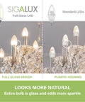 Comparison of Smooth Dimming E12 LED Candelabra Bulbs 60 Watt Equivalent B10 Filament Chandelier Lights with standard LEDs in chandelier.