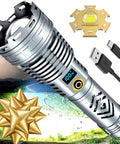 Beastly Bright 200000 Lumen Rechargeable LED Flashlight With LCD Display featuring USB-C cable and battery image