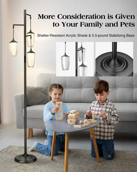 Industrial Dimmable Floor Lamp With Three Light Tree And Metal Cage Shades Farmhouse Vibe Tall 71 Inch Pole Lamp in living room with children playing, LED Edison bulbs included, black.
