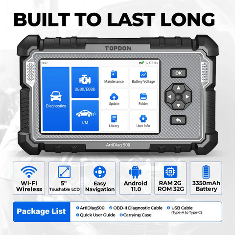 Front view of AD500 OBD2 Scanner All In One Diagnostic Tool with built-in screen displaying menu options and rugged black casing.