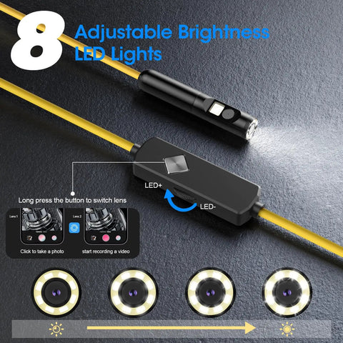 1920P HD Borescope With 8 Adjustable LEDs showing brightness control and dual lens features for pipe inspection