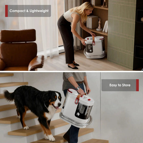 Person using Portable Upholstery And Carpet Cleaner With 15KPa Suction And 500W Motor, Three Tool Attachments, Red, on shelves