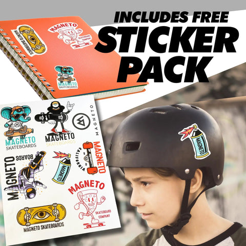 Child wearing helmet with Magneto skateboard stickers, featuring skateboard images and text "Includes Free Sticker Pack"