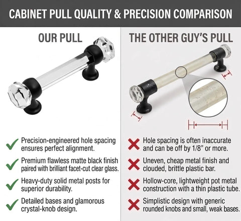 Comparison of two cabinet pulls; our pull with flat black clear glass and precise design, other pull with gaps and weak structure.