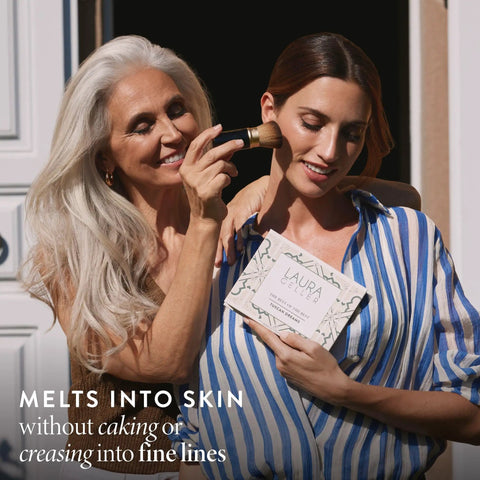 All In One Baked Starter Kit With Balance N Brighten Color Correcting Powder Foundation Best Of The Best Tuscan Dreams Full Face Palette And Retractable Angled Kabuki Brush For Flawless Day To Night Makeup application on woman outdoors