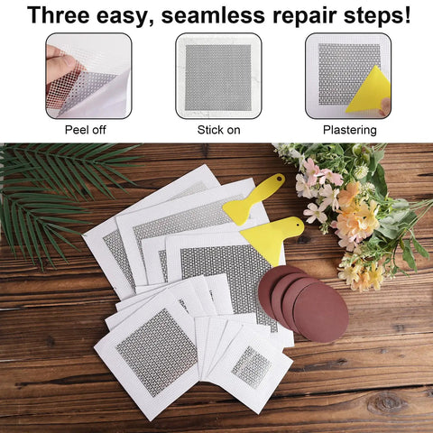Easy Peasy Drywall Repair Kit with patches, sandpaper, and scrapers for 2in to 8in holes, DIY use on table.