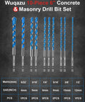 Wuqazu 10-piece 6-inch masonry drill bit set with blue-coated carbide bits and hex shanks; sizes 5/32in-1/2in