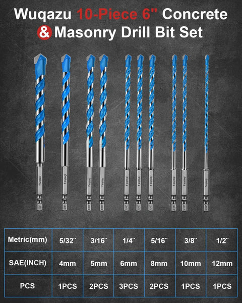 Wuqazu 10-piece 6-inch masonry drill bit set with blue-coated carbide bits and hex shanks; sizes 5/32in-1/2in