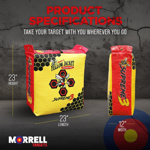Yellow Jacket Supreme 3 Archery Target Bag Dual Sided 23x12 Inches, weatherproof, shown with dimensions and logo.