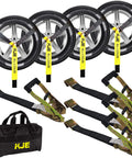 Four Pack Car Tie Down Straps For Trailers With Flat Hooks Two Inch By Ten Foot 10000 Lbs Break Strength, wheels and straps with bag