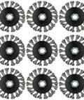 Professional Grade 9 Piece 4 Inch Wire Wheel Set For 4.5 Inch Angle Grinder hardened carbon steel brushes displayed in a grid.