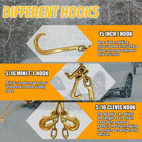 G80 V Bridle Chain Five Sixteenths Inch By Three Feet Heavy Duty Transport Chain With Fifteen Inch J Hooks And Grab Hooks Towing Chain