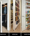 Interior view showing a closet, bookcase, and pantry door with 2 Pack Ultra Thin Hidden Door Hinges 4.5 Inch Heavy Duty Concealed Hinges.