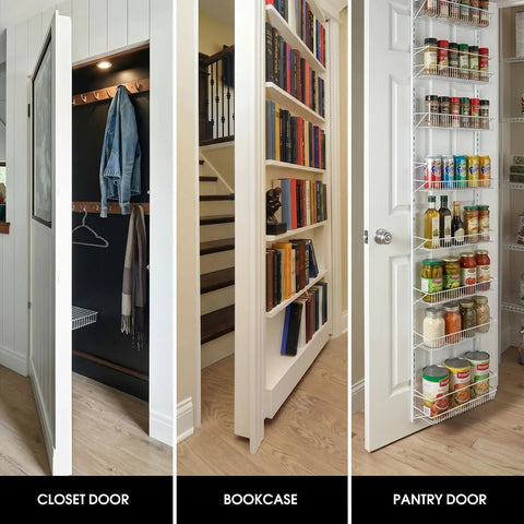Interior view showing a closet, bookcase, and pantry door with 2 Pack Ultra Thin Hidden Door Hinges 4.5 Inch Heavy Duty Concealed Hinges.
