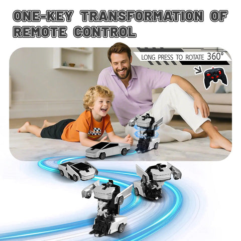 Father and son playing with Cyber Inspired Transformer Remote Control Car For Kids 2.4 GHz RC Vehicle with auto transform.