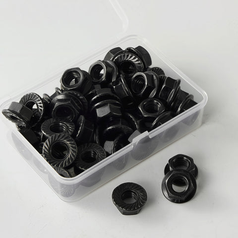 Heavy Duty M8x1.25mm Metric Serrated Hex Flange Nuts Built Tough With Rock Solid Grade 10.9 Alloy Steel And Premium Black Oxide Finish For Secure Grip Shop Grade Auto Fastening 25 Pack in clear container.