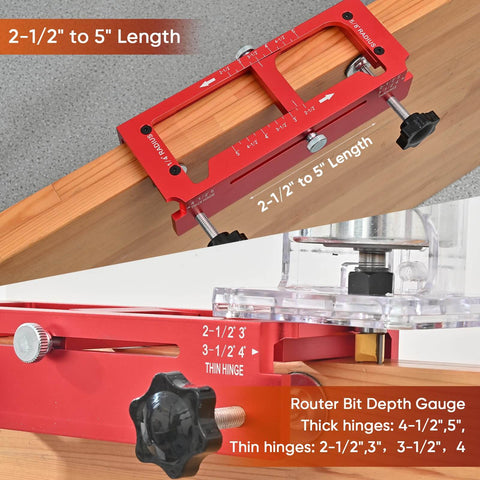 Heavy Duty Aluminum Door Hinge Jig With Adjustable Router Template installed, showing 2.5 to 5 inch length adjustment and depth gauge.