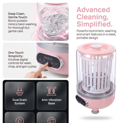 Zero Drama Portable Usb Rechargeable Mini Underwear Washer Slick Compact 3L Personal Turbo Laundry Machine showing pink exterior and digital controls.