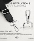 Two Pack Detachable Snap Hook Swivel Clasp With Screw Bar For Bag Straps, One And A Half Inch Wide, Brushed Brass Hardware Replacement VT493, metal hooks with strap visible.